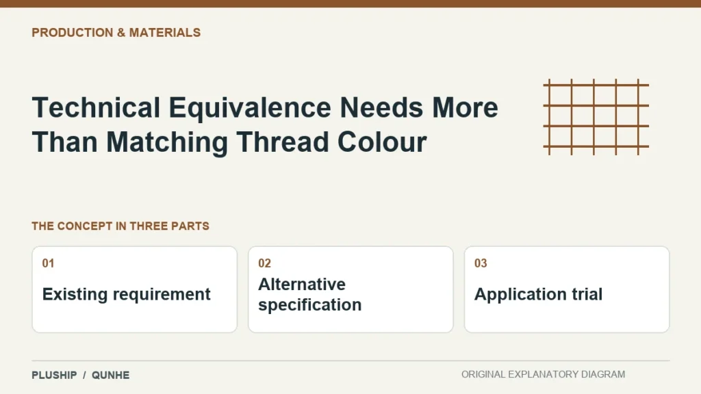 Technical Equivalence Needs More Than Matching Thread Colour — concept overview: Existing requirement, Alternative specification, Application trial.