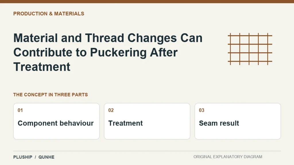Material and Thread Changes Can Contribute to Puckering After Treatment — concept overview: Component behaviour, Treatment, Seam result.