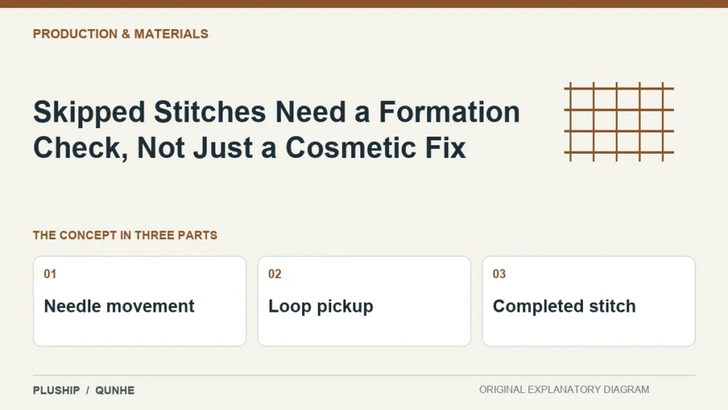 Skipped Stitches Need a Formation Check, Not Just a Cosmetic Fix — concept overview: Needle movement, Loop pickup, Completed stitch.