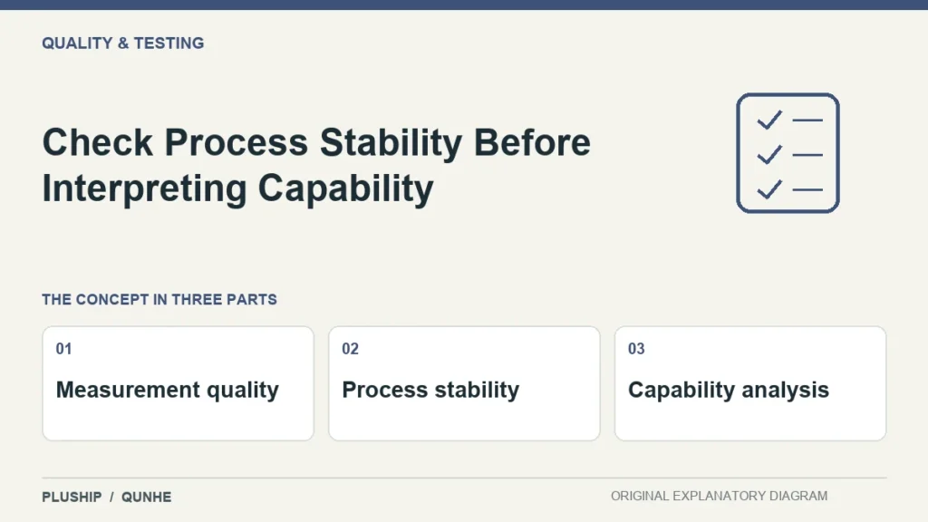 Check Process Stability Before Interpreting Capability — concept overview: Measurement quality, Process stability, Capability analysis.