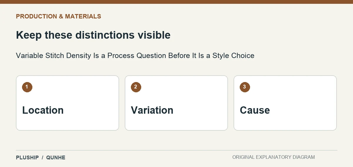 Review distinctions for Variable Stitch Density Is a Process Question Before It Is a Style Choice: Location; Variation; Cause.