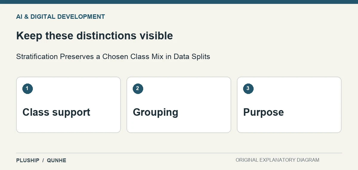 Review distinctions for Stratification Preserves a Chosen Class Mix in Data Splits: Class support; Grouping; Purpose.