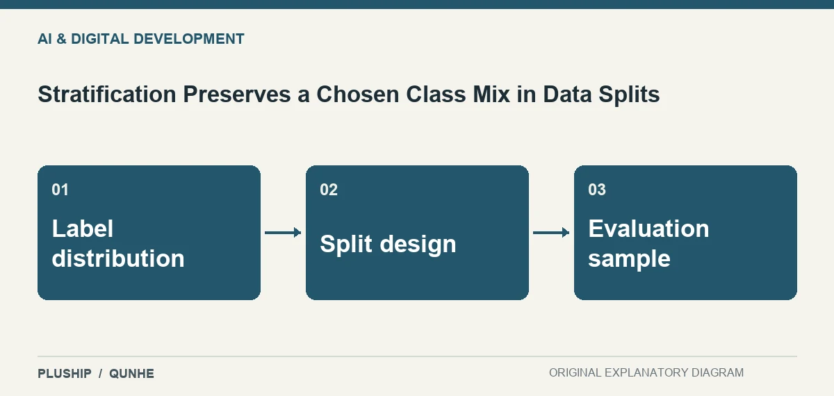 Topic map for Stratification Preserves a Chosen Class Mix in Data Splits: Label distribution; Split design; Evaluation sample.
