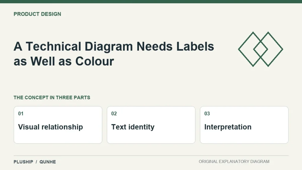A Technical Diagram Needs Labels as Well as Colour — concept overview: Visual relationship, Text identity, Interpretation.