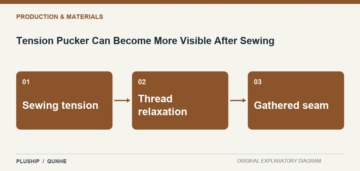 Topic map for Tension Pucker Can Become More Visible After Sewing: Sewing tension; Thread relaxation; Gathered seam.