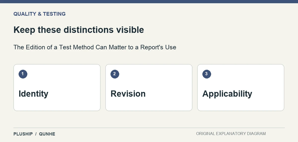 Review distinctions for The Edition of a Test Method Can Matter to a Report's Use: Identity; Revision; Applicability.