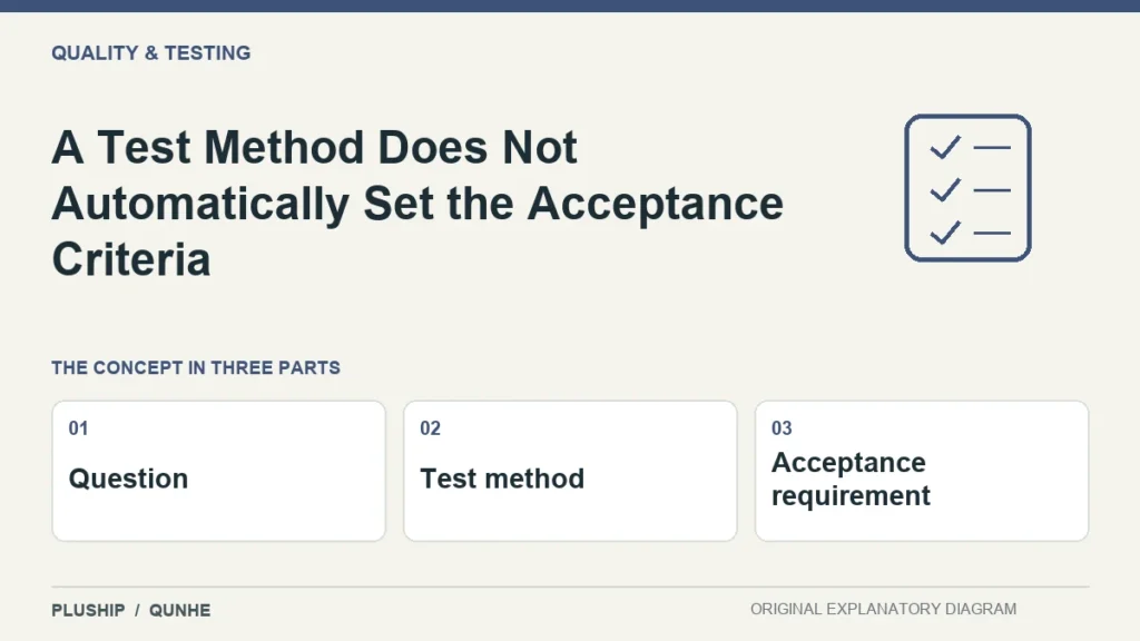 A Test Method Does Not Automatically Set the Acceptance Criteria — concept overview: Question, Test method, Acceptance requirement.