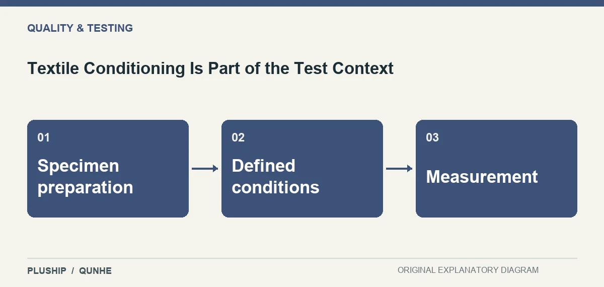 Topic map for Textile Conditioning Is Part of the Test Context: Specimen preparation; Defined conditions; Measurement.