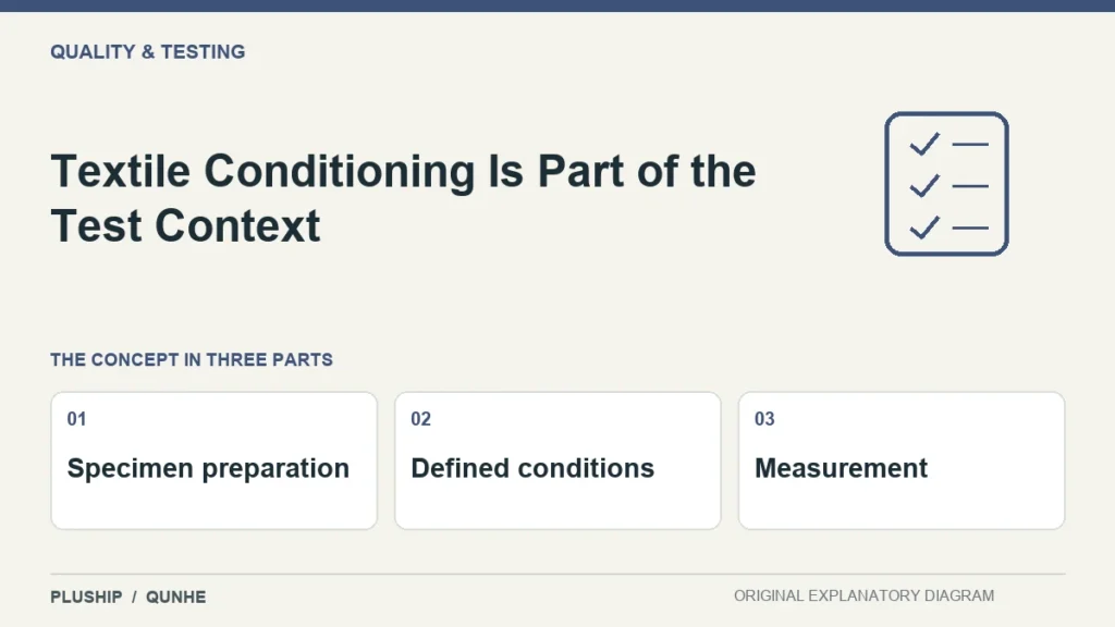 Textile Conditioning Is Part of the Test Context — concept overview: Specimen preparation, Defined conditions, Measurement.