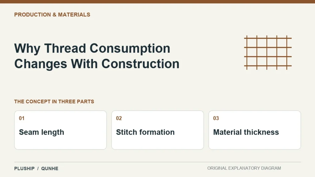 Why Thread Consumption Changes With Construction — concept overview: Seam length, Stitch formation, Material thickness.